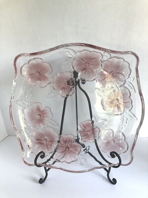 VINTAGE Studio Nova Pansy Bouquet Crystal Scallop Edge Serving Tray NEW-image