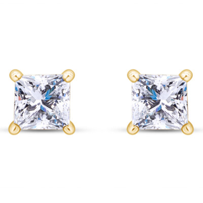 1ct Solitaire Stud Earrings Princess Cut Cubic Zirconia 10K Solid Yellow Gold-image