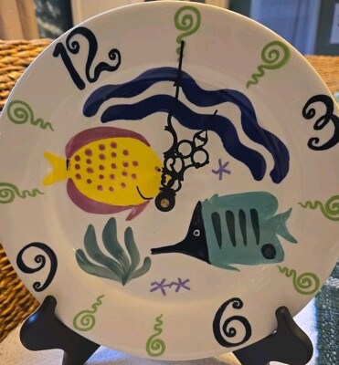 🌺Banana Patch Studio Ceramic Clock Kauai Hawaiian Hand Painted Fish Tropical -image