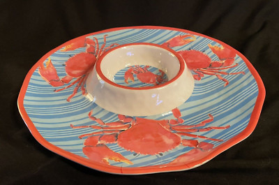 RARE TOMMY BAHAMA MELAMINE PINK CRAB CHIP & DIP WAVY EDGE SERVING PLATTER DISH-image