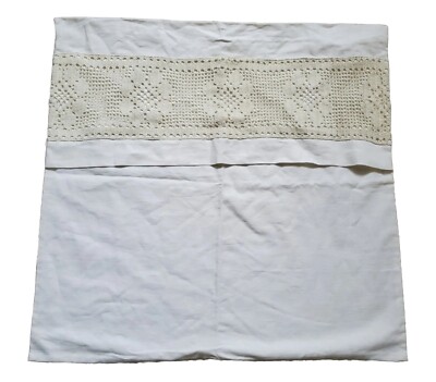 Pottery Barn Linen Blend Pillow Sham Crochet Floral Trim 25.5”x 25.5” Cream-image