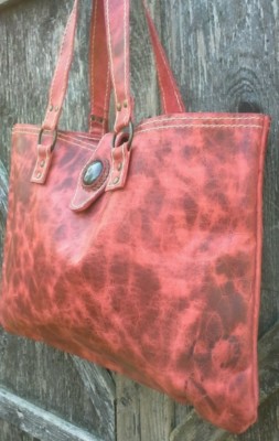 Tote Shoulder Bag Dip Dye Leather Red Jade Stone Hand Made Unique One Of A Kind-image