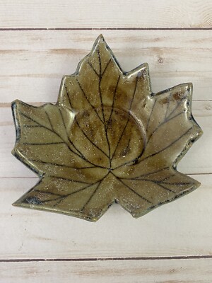 Signed Studio Art Pottery Glazed Leaf Soap Dish Trinket Candle Holder-image