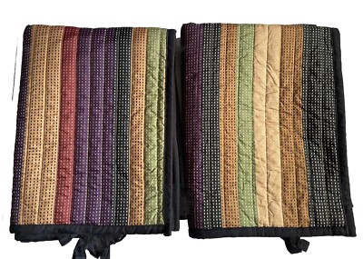 2 Madison Park Quilted Pillow Shams With Ties Stripes Black Green Tan Red 20x26”-image