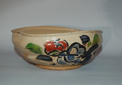 Large vintage peach shaped bowl, camellias, stoneware, Ogata Kenzan-style, Japan-image