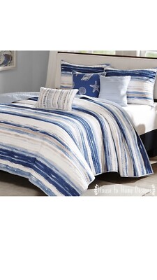 BLUE SEA WAVES 6pc QUILT SET : BEACH SHELLS OCEAN TROPICAL NAUTICAL WATER-image