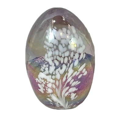 Glass Eye Studio GES Paperweight Iridescent Egg Shaped Pink White Signed Dated-image