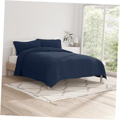  2 Piece Navy Quilt Twin Size Bed Set - A Lightweight Twin/Twin XL Square Navy-image