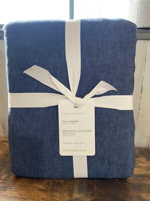 Pottery Barn Belgian Flax Linen FULL / QUEEN Duvet Cover ~ Denim Blue-image