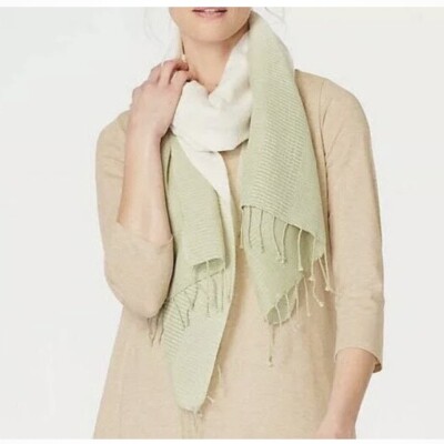 NWT NEW J JILL Dip Dyed Pistachio Green Natural Cream Long Fringed Scarf Ombré-image