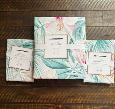 Pottery Barn Teen Tropical Bloom Organic Duvet Cover Twin 2 Std Shams NWT-image