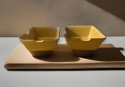 (2) POTTERY BARN ASIAN SQUARE Noodle Bowls Mustard Yellow 6”x3 1/2”-image
