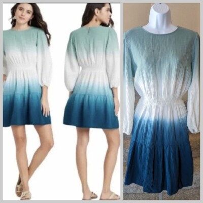 NWT Universal Threads Smocked Dip Dye Dress (L) Blue Green Ombre Beach Flare-image