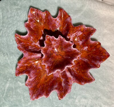 MCM Splatter Chip and Dip Platter Studio Art Pottery Leaf Shape Pink Orange 12”-image