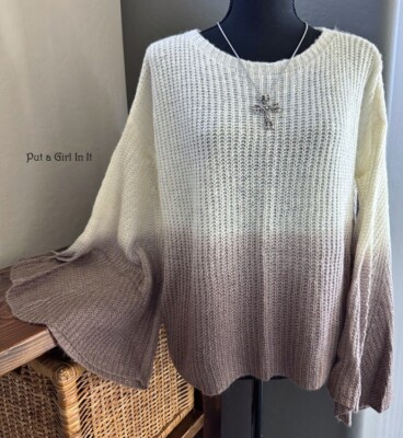 New Womens MOCHA OMBRE TIE DYED TAUPE BOHO FLARE SLEEVE KEYHOLE SWEATER S M L-image
