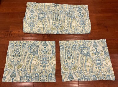 Pottery Barn Rosalie Paisley Queen Full Duvet Two Shams Set Blue Green Yellow-image