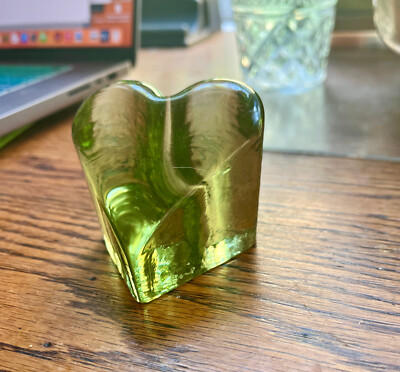 Fire & Light Recycled Glass Celery Green Heart Shaped Paperweight Signed 2.25