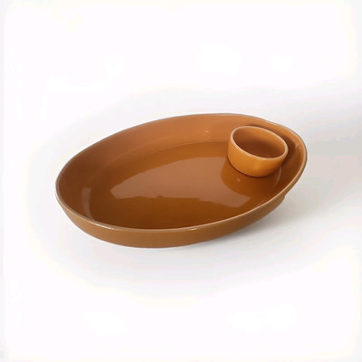 Crate And Barrel Orange Oval Serving Dish/Chip And Dip Tray 16”-image