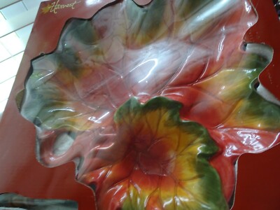 Vintage HARVEST Chip&Dip Ceramic Leaf-Shaped Dish/Tray/Platter w. Spreader-NIB-image