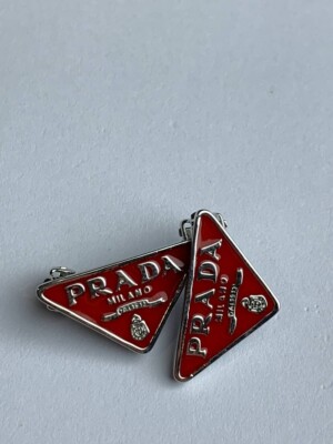 Prada Silver Red Triangle Shaped Stud Earrings-image