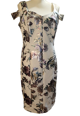 Enfocus Studio Dress Size 14 White, Metallic Floral, Wide Strap Cold Shoulder-image