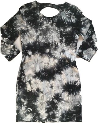 Monki Dress Large 12-14 Denim Tie Dye Watercolour Bodycon Black Wiggle Dip Back-image