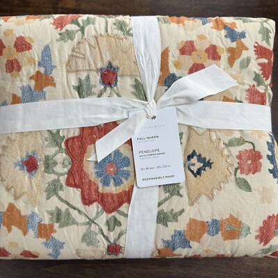 POTTERY BARN PENELOPE APPLIQUE HANDCRAFTED QUILT ~ FULL / QUEEN-image