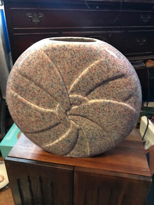 Vintage studio art ceramic art deco style disk shaped vase with speckled glaze-image