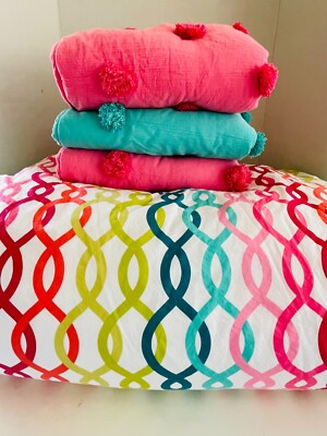 POTTERY BARN PB TEEN Palm Beach Pink & Green Twin Duvet & Comforter & Shams Set-image