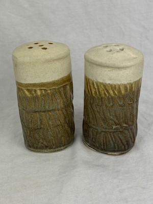 Studio Art Pottery Salt Pepper Shaker Brown Beige Glaze Stoneware MCM Signed.-image
