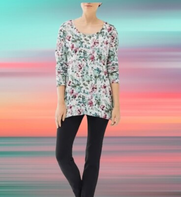 J Jill size XL Pure Jill long sleeve shirt tunic top dipped hem gray floral-image