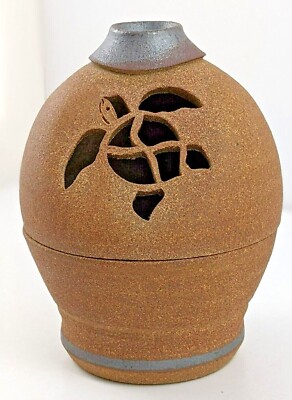 Studio Art Pottery Fairy Lamp Turtle Cut Out Candle Holder Signed-image