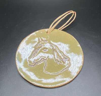 Studio Pottery Flat Round Disk Shaped Horse Head Ornament-image