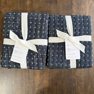 POTTERY BARN ARLO CROSS STITCH QUILTED EURO SHAM SET OF 2 ~ INDIGO BLUE-image