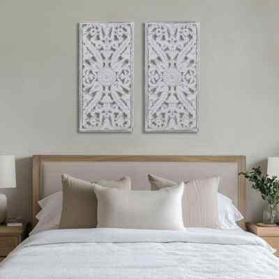 31x15 White Distressed Carved Wood Botanical Panel, 2 Pc-image
