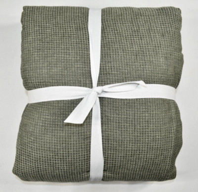 Pottery Barn European Flax Linen Waffle Duvet Cover Loden Green Full Queen Open-image