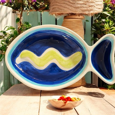 Blue,Green, White Divided Fish~Chip or Appetizer &Dip Bowl&Platter~Large 15