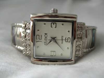 Studio TIME Watch Iridescent & Silver Tone Cuff Band Square White Face WORKING-image