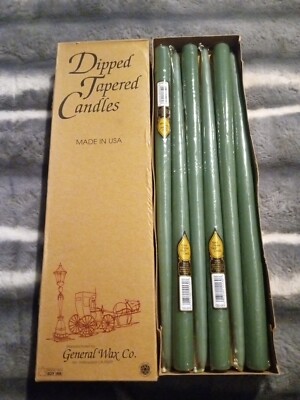GENERAL WAX COMPANY~ BOX OF 12 HAND DIPPED TAPER CANDLES SCENTLESS CELADON 14.5