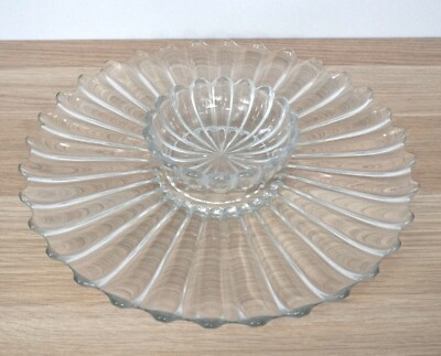 Vtg Heisey Large Round Glass Serving Platter w/ Small Bowl Chip & Dip-image