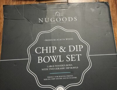Nugoods Large Premium Acacia Wood Chip and Dip Bowl Set 2 Ceramic Dip Bowls-image