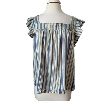 Coastal Nautical Beach Boho Flutter Sleeve Stripe Square Neck Oversized Blouse L-image