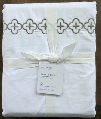 Pottery Barn Trellis Embroidered Organic Percale Duvet Cover Full Queen Taupe-image
