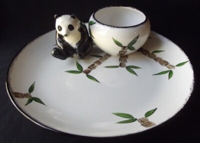 CHARMING CALI LARGE VINTAGE PANDA & BAMBOO CERAMIC CHIP & DIP PLATTER 14