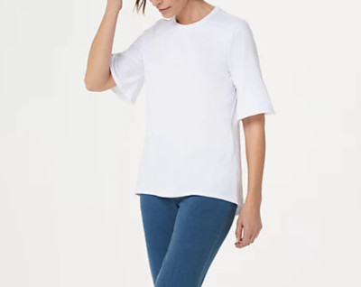 Studio by Denim & Co. - Round Neck Elbow Bell Sleeve Hi-Low Hem Top - White - M-image