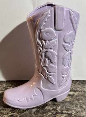 DWELL STUDIO LAVENDER CERAMIC COWGIRL BOOT VASE WITH RAISED FLOWERS NEW-image