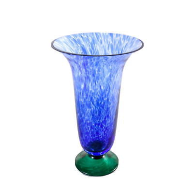 Romania Handblown Trumpet Shaped Art Glass Blue & Green Vase 9