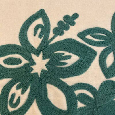 PB TEEN Throw Pillow Cover Natural Cotton w/Green Floral Crewel Embroidery 16x16-image