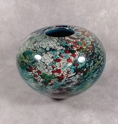 Vintage Studio Art Glass Ball Vase Spatter Cased Agate Style Signed Barnes 2001-image