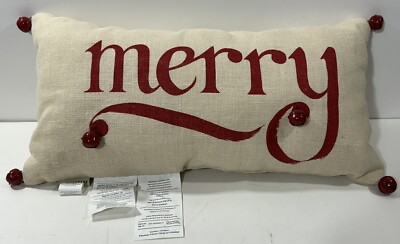 Pottery Barn Merry Jingle Bells Holiday Christmas Jute Lumbar Throw Pillow 12x24-image
